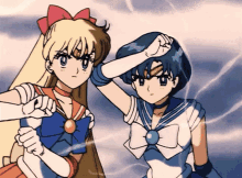 a couple of anime girls standing next to each other with one covering her eyes