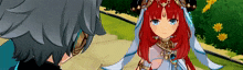 a boy and a girl are standing next to each other in a video game . the girl has red hair and blue eyes .