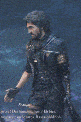 a man with a beard is wearing a black jacket with gold embroidery on the sleeves