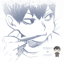 a drawing of a man with the name tobio fawn on the bottom right