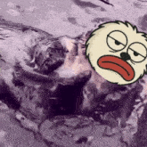 a cartoon character with a funny face is laying in the water .