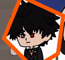 a cartoon drawing of a boy with red eyes