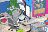 a girl is sitting at a desk with two monitors and a tablet