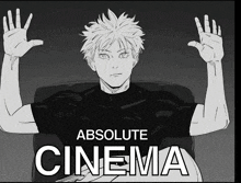a black and white drawing of a man with the words absolute cinema below him