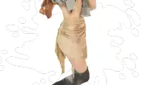 a woman with a scarf around her waist is wearing a gray shirt