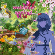 a welcome spring greeting with a watering can and a ladybug