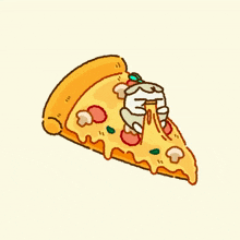 a cartoon drawing of a slice of pizza with a hand sticking out of it