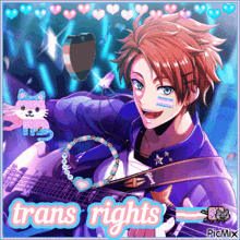 a picture of a boy holding a guitar with the words trans rights written on it