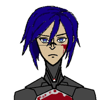 a drawing of a person with blue hair and blood on their face