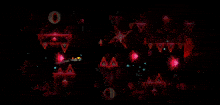a screenshot of a video game with a red background and a tower