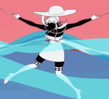 a black and white drawing of a woman in a white hat holding a sword