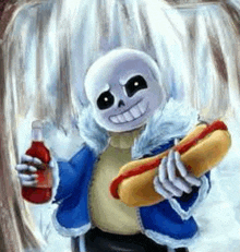 sans from undertale is holding a hot dog and ketchup .