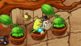 a cartoon of a man in a top hat surrounded by watermelons and cauliflower