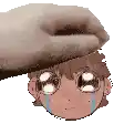 a hand is holding a cartoon character 's head with a crying face .