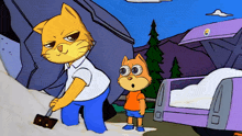 a cartoon of a cat and a boy standing next to each other