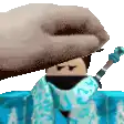a person is holding a sword over a cartoon character .