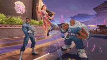 a man in a fantastic four outfit stands next to another man in a fantastic four outfit