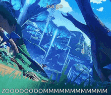 a screenshot of a video game with a waterfall in the background .