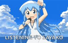 a girl with blue hair is singing into a microphone and the words listening to sayako are below her