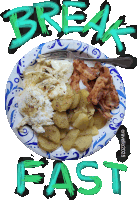 a paper plate with eggs potatoes and bacon with the words break fast written above it