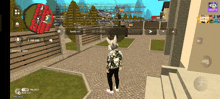 a screenshot of a video game shows a man standing in front of a building