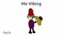 a cartoon of a man blowing a saxophone with the words me vibing above him