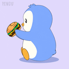 a cartoon penguin eating a hamburger with the word hi above it