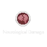 a pixel art drawing of a brain with the words neurological damage below it