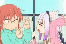 a couple of anime girls are standing next to each other and one of them says rina and rosett