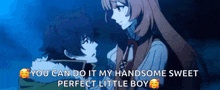 a man and a woman are standing next to each other and the woman is saying you can do it my handsome sweet perfect little boy
