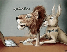 a cartoon of a lion and a rabbit with the words " gurt online " and " gurt irl " on the bottom