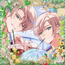 a picture of two anime boys drinking from plastic cups with straws and the words picmix at the bottom