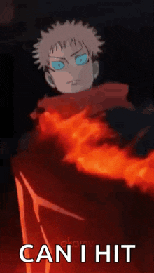 a cartoon character with blue eyes is surrounded by fire and the words can i hit