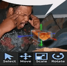 a man sitting on a couch with a box of pizza and a speech bubble that says select move scale and rotate