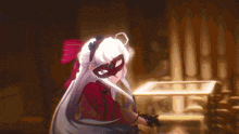 a girl with long white hair is wearing a mask
