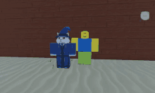 two roblox characters are standing next to each other with one wearing a hat