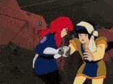 two anime characters are standing next to each other with one holding a towel