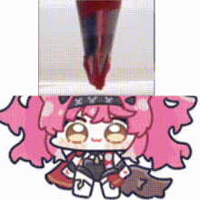 a cartoon girl with pink hair is sitting next to a red object .