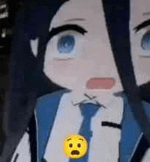 a close up of a cartoon character wearing a suit and tie with a smiley face on his neck .