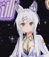 a girl with white hair and fox ears is wearing a white suit and tie .