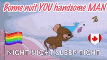 a cartoon mouse is sleeping on a bed next to a rainbow flag and a maple leaf