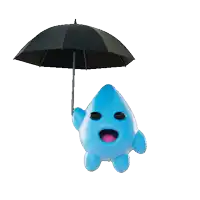 a blue cartoon character holding an umbrella with a pink tongue sticking out