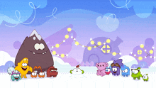 a group of cartoon characters are standing next to each other