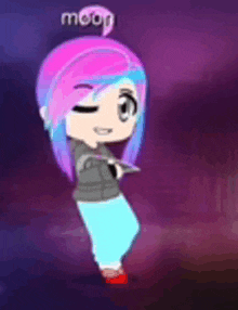 a girl with pink and blue hair is holding a knife in gacha life .