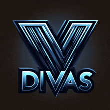 a logo for v divas with a blue letter v on a dark background
