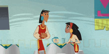 a couple of cartoon characters standing next to each other with one of them holding a cup that says ' emperor '