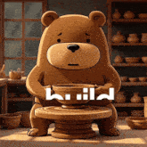 a brown teddy bear is sitting on a pottery wheel