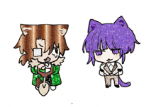 a drawing of a cat and a boy with purple hair on a white background