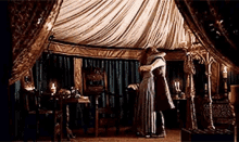 a man and a woman are hugging each other in a room with a canopy .