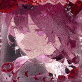 a girl with purple hair is surrounded by butterflies and roses